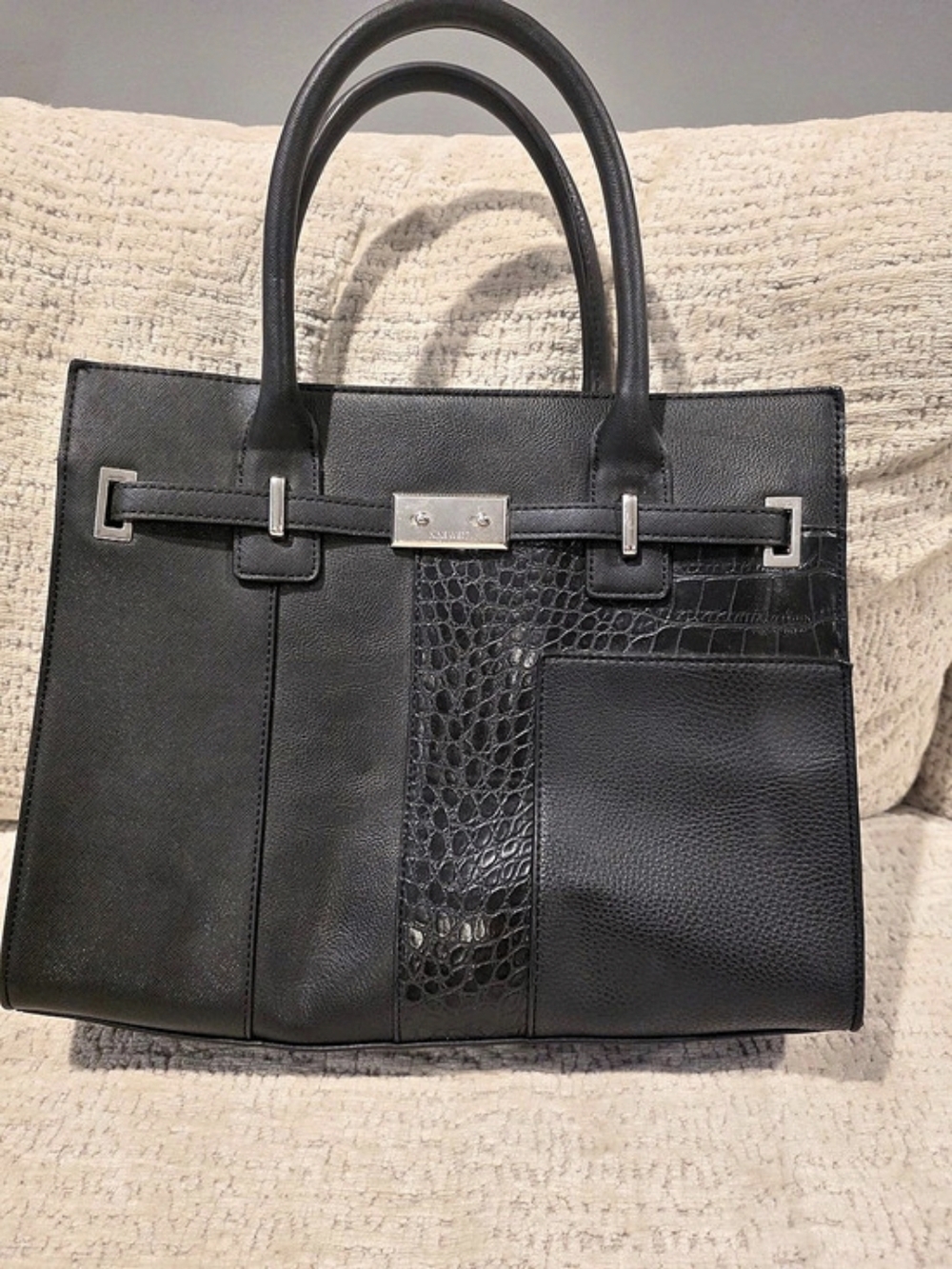 Nine West Black Croc Embossed Structured Satchel Crossbody Bag